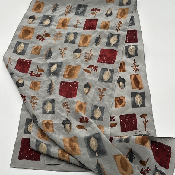 ECHO 100% Silk Scarf Brown Leaves 11 X 52” Made in Japan - Picture 4 of 8